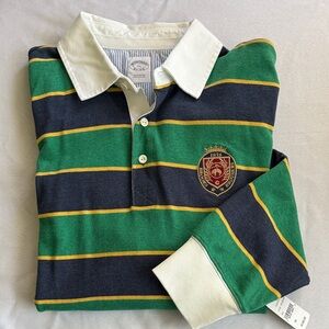 Brooks Brothers Striped Green and Navy Polo with Yellow Accents